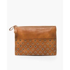 Chico's Jamie Clutch Brown Light Tan Large Zipper Clutch Purse Gold Hardware